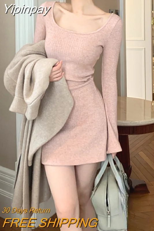 Yipinpay Fashion Knitted Dress Women Long Sleeve Short Party Dress Elegant 2023 Autumn Slim Sexy Y2k Mini Dress Casual Female Chic Chiffon Maxi Beach