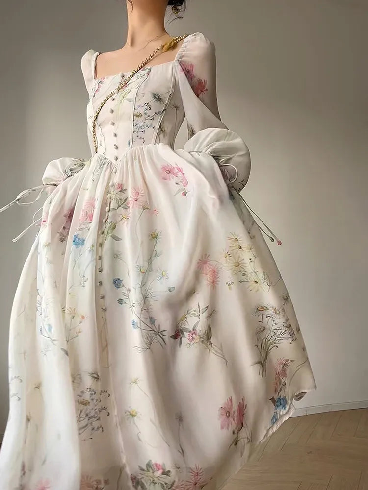 Yipinpay Elegant Floral Midi Dress Chiffon Long Sleeve Evening Party Dress Woman Beach Fairy One Piece Dress Korean 2024 Summer Tunics Practical durable Yipinpay Elegant Floral Midi Dress Chiffon Long Sleeve Evening Party Dress Woman Beach Fairy One Piece Dress Korean 2024 Summer Tunics Practical durable