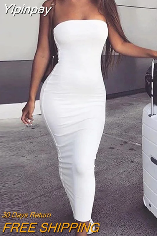 Yipinpay Off Shoulder Strapless Sexy Women Dress Sleeveless Straight Long Bodycon Dress Backless Casual Summer Party Dress Women Pencil Length Work