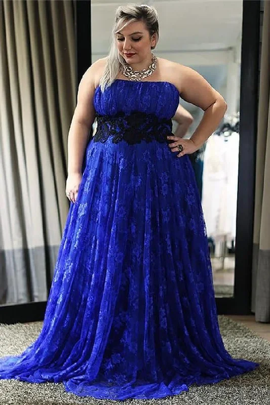 Modest Plus Sizes Royal Blue Strapless Long Lace Prom Dress Party Dress Tunics Top rated