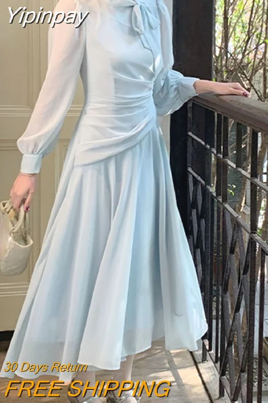 Yipinpay One Piece Dress Korean Fashion 2023 Spring Long Sleeve Elegant Midi Dress Woman Casual Solid Even Party Dress Office Lady Tunics Formal black