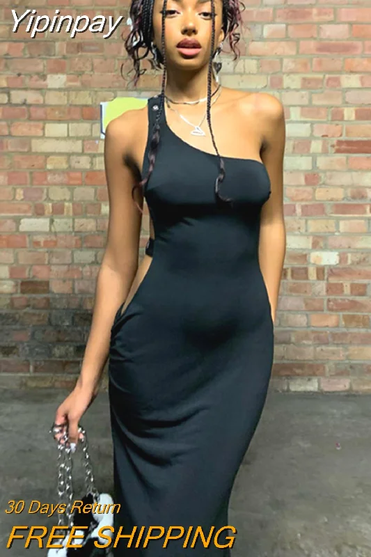 Yipinpay Party Dresses Women Night Club Y2k Sexy Metal Buckle One Shoulder Asymmetric Backless Split Long Dress C66-CE23 Tunics Luxurious premium