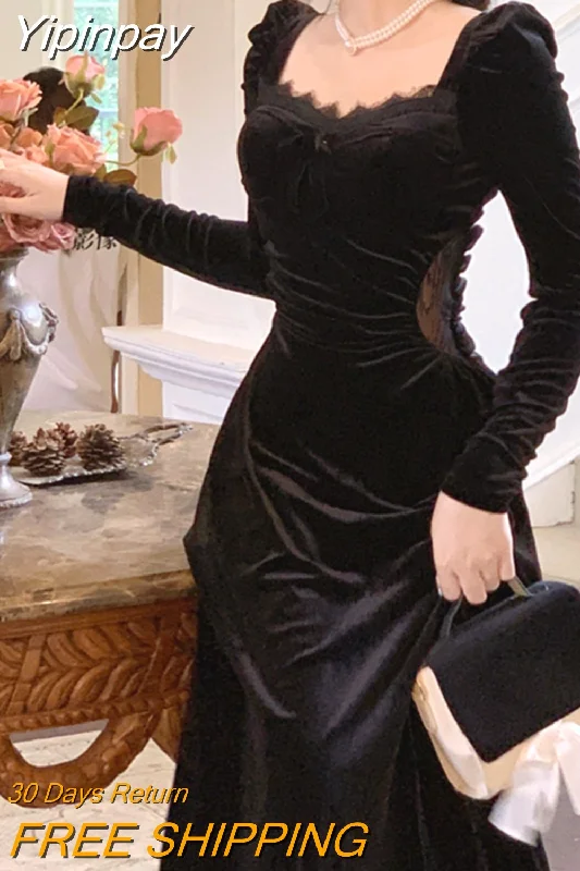 Yipinpay Vintage Balck Long Sleeve Dress Woman Elegant Fashion Velvet Midi Dress Korean Style Even Party Dress Casual 2023 Spring Tunics Denim casual