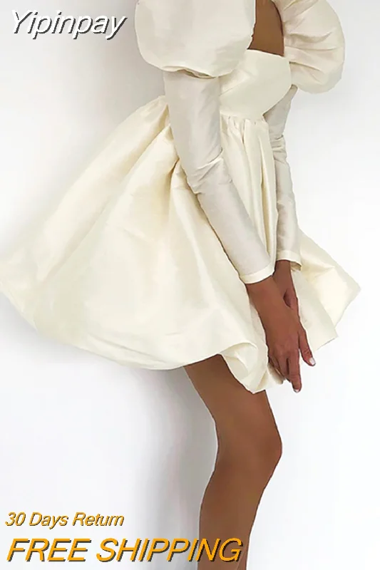 Yipinpay Puff Sleeves Woman Party Dress Evening Chic Square Collar Ball Gown Dress Short Beige Satin Dresses Pleated Ladies Tunics Recommended stylist