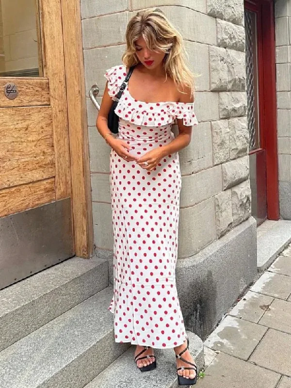 Yipinpay MO 2023 Polka Dot Ruffles Bandage Maxi Dress Women Off Shoulder Slim Elegant Party Dress Summer Beach Holiday Sundresses Tunics Running lightweight