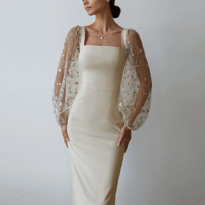 Sexy Sheer Lantern Sleeve Long Dress Fashion Patchwork Embroidery Mesh Party Dress Women Casual Square Collar Slim Bodycon Dress Boatneck Modish Everyday