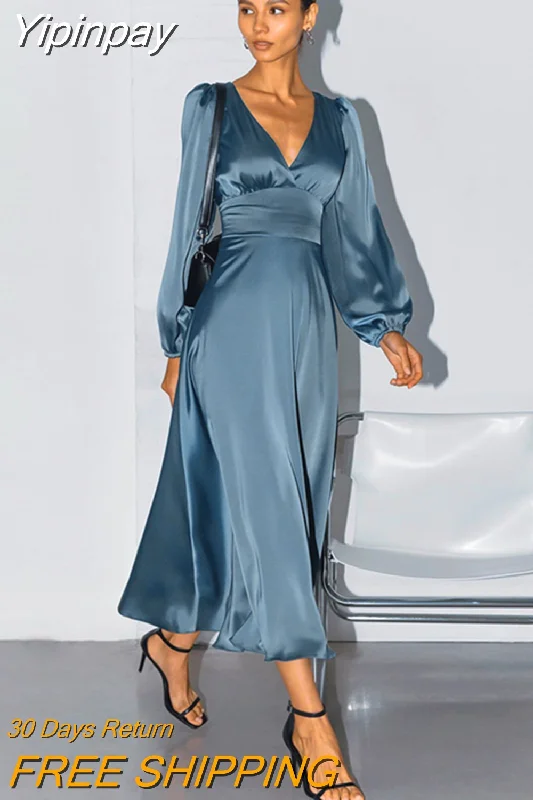 Yipinpay Evening Elegant Women Drape Dress Satin V-Neck Lantern Sleeve Party Dress Ladies Spring 2023 Flowing Midi Dress Navy Tunics Versatile stylish