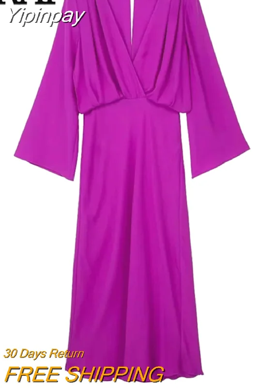 Yipinpay 2023 Purple Long Dress Women Pleated Satin Midi Dress Woman Long Sleeve Elegant Party Dresses For Women Evening Dresses Crew Neckline Sporty