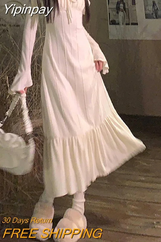 Yipinpay Long Sleeve Midi Dress Woman Casual Fairy One Piece Dress Korean Style Pure Color Short Party Dress Female 2023 Winter Tunics Stylish modern