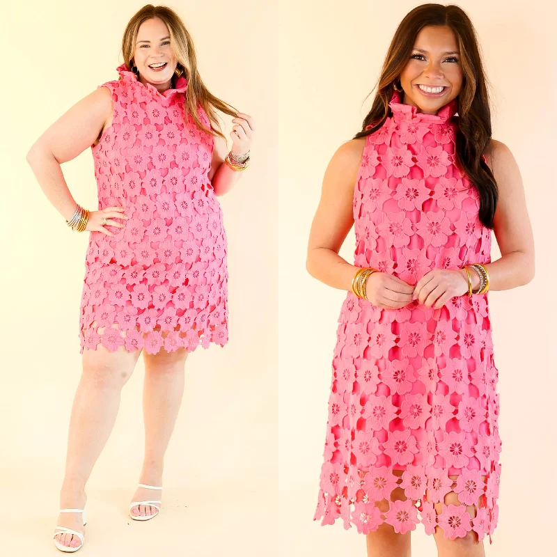 Dressed to Impress Lace Dress with Ruffled Mock Neck in Pink Tunics Sophisticated sleek
