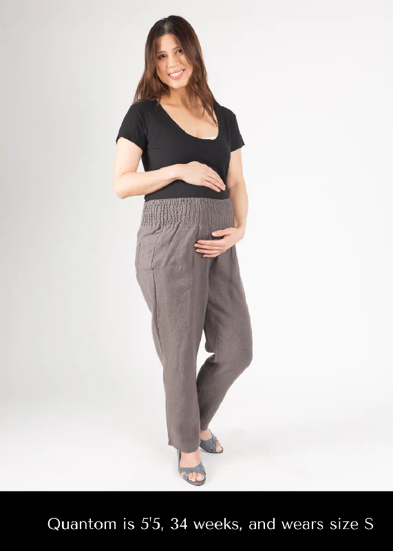 Adult Plus Size Transitional Maternity Smocked Linen Pant - Grey Elegant Trouser Pants