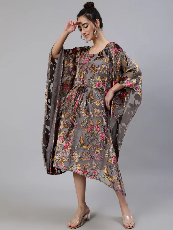 Women's Grey Floral Print Kaftan Dress with Waist Tie-Up - Aks Tunics Wedding white