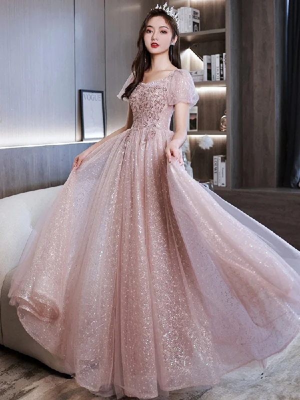 Cinessd   Pink Women's Prom Dress Beading Sequins Puff Sleeve Slim A-Line Banquet Party Dresses Elegant Floor-Length Formal Gowns Female Tunics Satin smooth