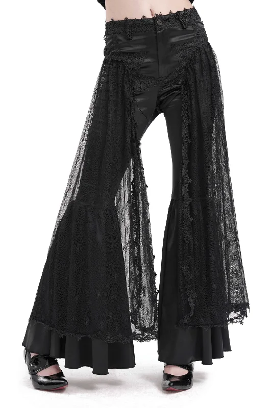 Gothic Lace Overlay Bell-Bottom Pants with Satin Accents Relaxed Fit Trousers