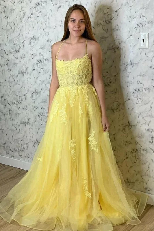 Elegant Yellow Tulle With Lace Appliques Floor Length Long Prom Dress,Party Dress,Evening Dress Tunics Summer linen
