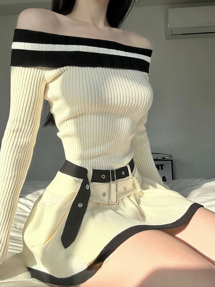 Yipinpay Shoulder Sexy Slim Bodycon Dress Casual Knitted Y2k Mini Dress Elegant Korean Fashion Short Party Dress Woman 2024 spring Tunics Sophisticated sleek Yipinpay Shoulder Sexy Slim Bodycon Dress Casual Knitted Y2k Mini Dress Elegant Korean Fashion Short Party Dress Woman 2024 spring Tunics Sophisticated sleek