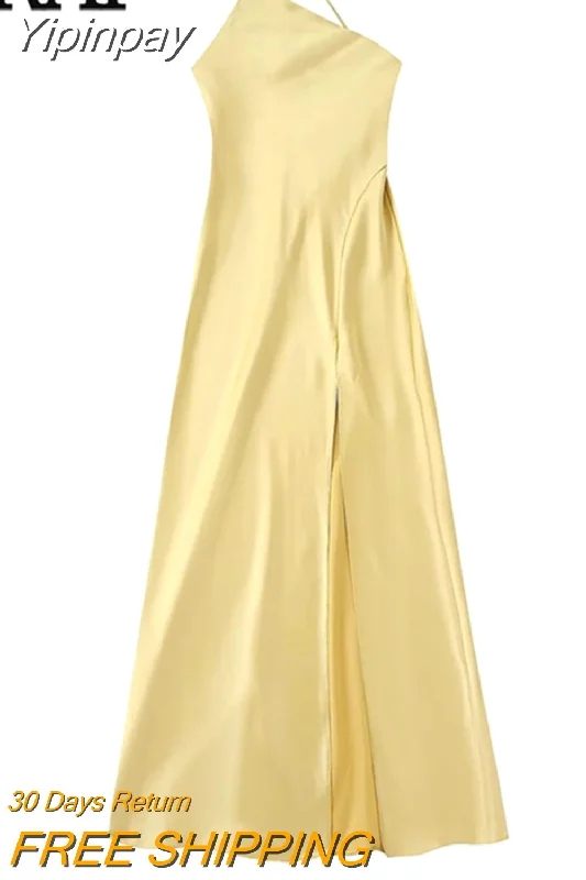 Yipinpay Yellow Off Shoulder Long Dress Women Asymmetric Satin Dress Woman Backless Sexy Party Dresses Summer Slit Evening Dresses Cowl Neckline Elegant
