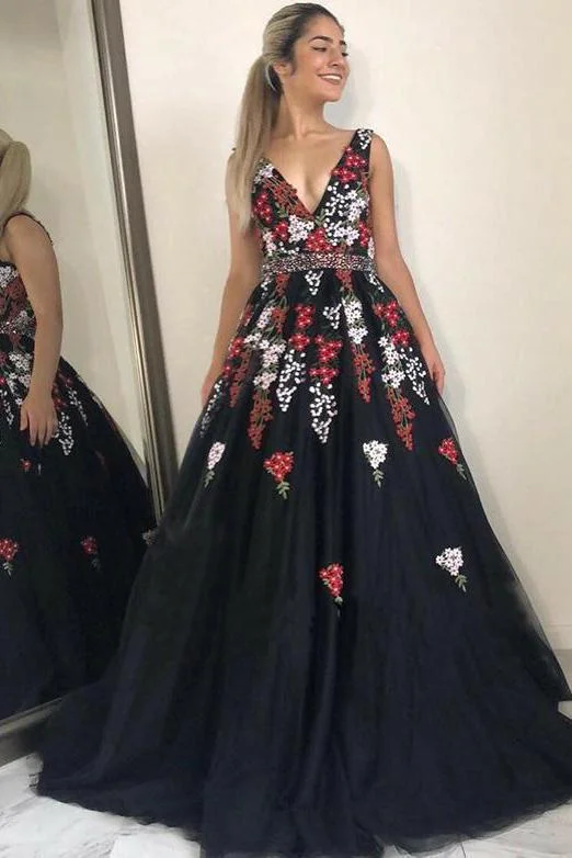 Charming Black Long V-neck Prom Dress Party Dress For Teens Tunics Bestseller popular