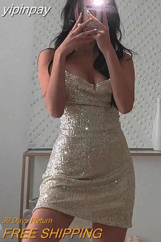 yipinpay Dress Backless Sexy Dress Bling Glitter Party Dresses Women Solid Sleeveless Halter Mini Dress 2023 Summer Club Outfits Tunics Luxurious high-end