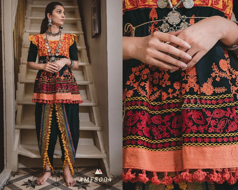 Black yellow unique Handloom Cotton  kedia with baby yoke and pants set (MF8004) Classic Pleated Pants