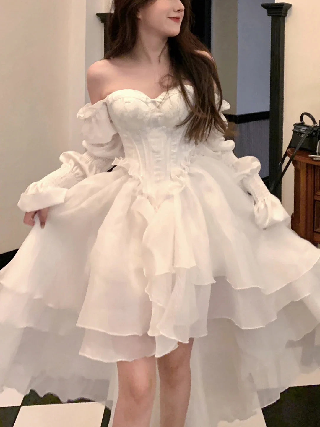 Yipinpay Color Fairy Midi Dress Women White Elegant Evening Party Dress Beach 2024 Spring Casual Long Sleeve Fashion Dress Korean Tunics Stylish elegant