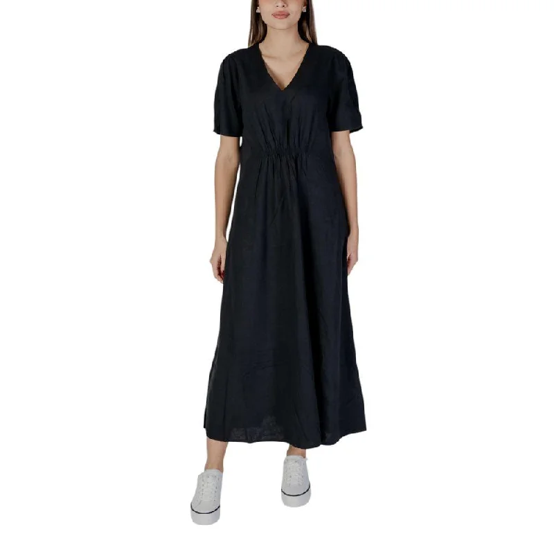 B.Young Black Linen Dress Tunics stripes playful