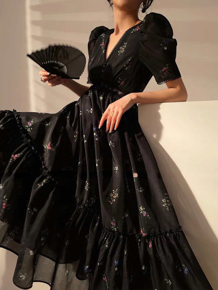Yipinpay Black Floral Midi Dress Women Short Sleeve French Elegant Dress Beach 2024 Summer Casual Korean Evening Party Dress A-Line Day Work Yipinpay Black Floral Midi Dress Women Short Sleeve French Elegant Dress Beach 2024 Summer Casual Korean Evening Party Dress A-Line Day Work