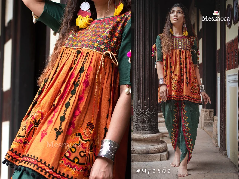 Deep green and orange rajathani dhingli couple embroidered kedia and tulip pants set (MF1501) Trendy Wide-Legged Trousers