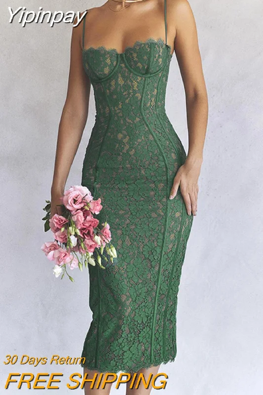 Yipinpay Lace Green Dress Elegant Sexy Night Wedding Guest Evening Party Dresses Spaghetti Strap Birthday Dresses for Women 2023 Tunics Mesh breathable