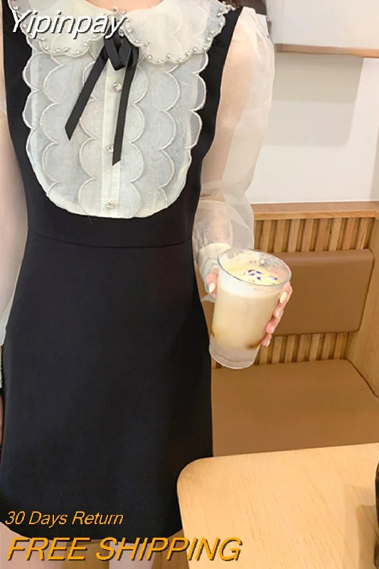 Yipinpay Sleeve Elegant Mini Dress Woman Korean Fashion Short Party Dress Slim Beaded Vintage Dress Casual Female 2023 Autumn Chic Glittery Long Formal
