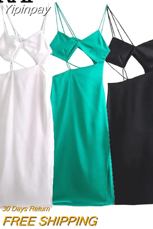 Yipinpay 2023 White Black Cut Out Dress Woman Backless Slip Long Dress Women Summer Slit Sexy Party Dresses Sleeveless Night Dresses Crew Neckline Casual