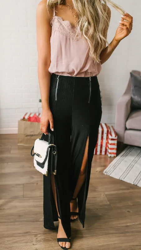 Zip Me Up Slit Zipper Palazzo Pants Black Elegant Wool Trousers