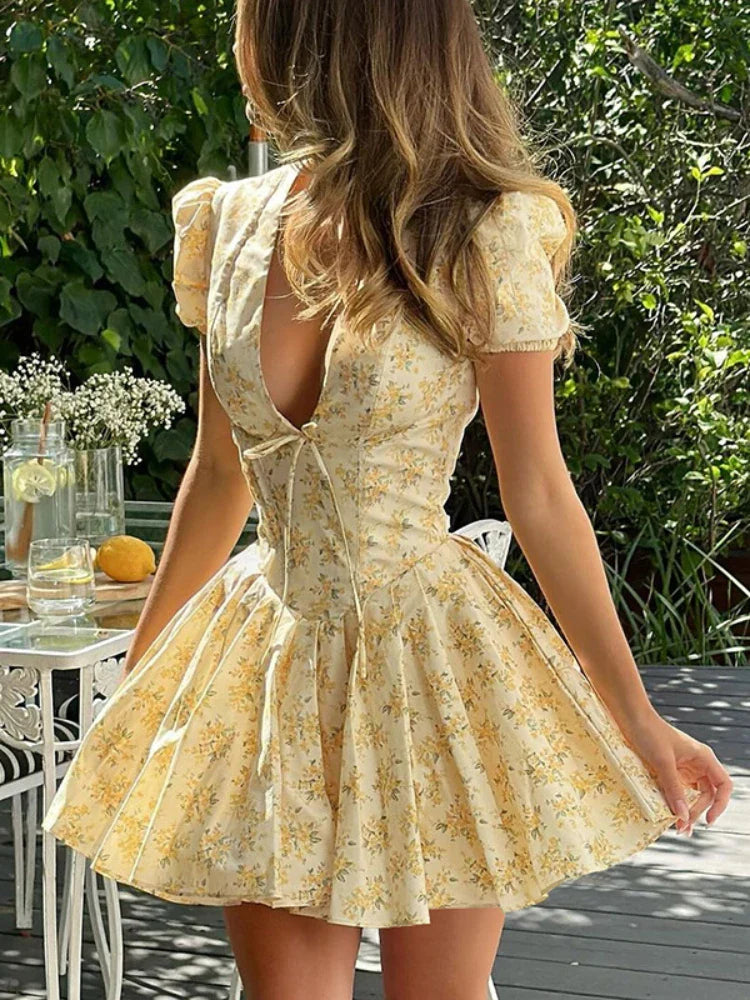 Sexy Deep V Neck Women's Dresses Summer Fashion A-line Dress Female High Waist Pleated Printed Beach Party Dresses Boat Neckline Classic