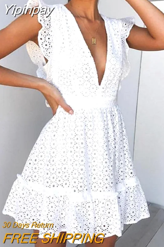 Yipinpay Women Butterfly Sleeve V-neck Frill Hem Hollow Out Lace Casual Dress  Bodycon Sexy Party Dress Tunics Running lightweight