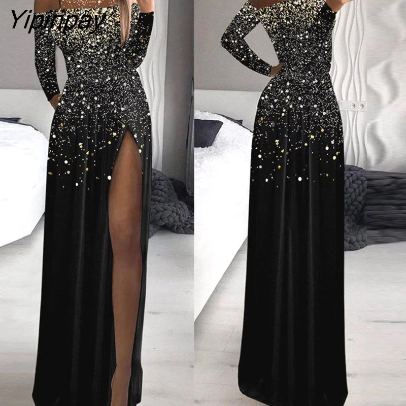 Yipinpay Women Elegant Chic Allover Print Gradient Long Sleeves Mesh Patch High Silt Maxi Party Dresses Tunics Sophisticated sleek
