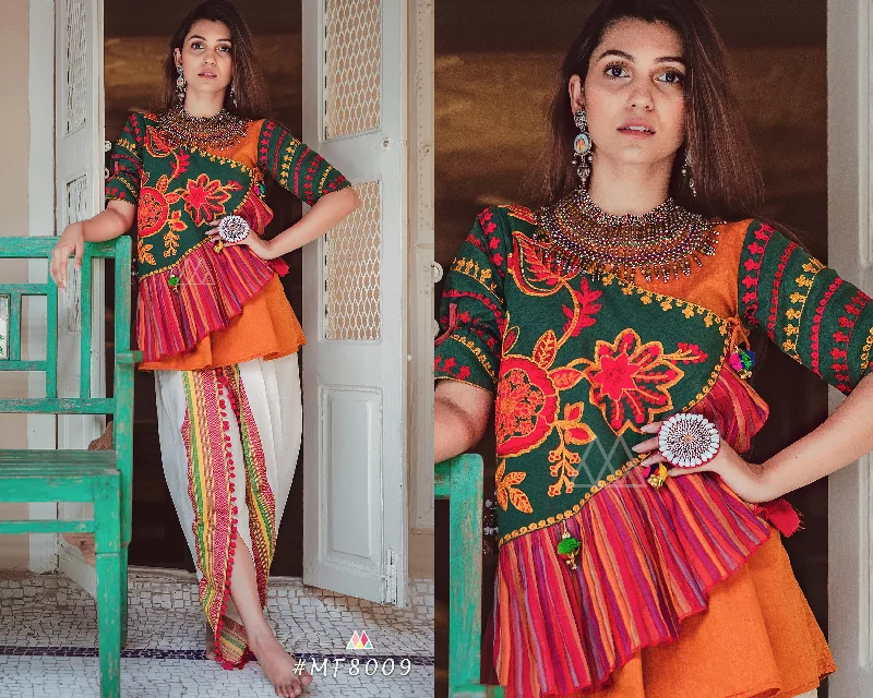 Orange angrakha pink frill kedia with off white bordered tulip pant (MF8009) Comfortable Fleece Pants