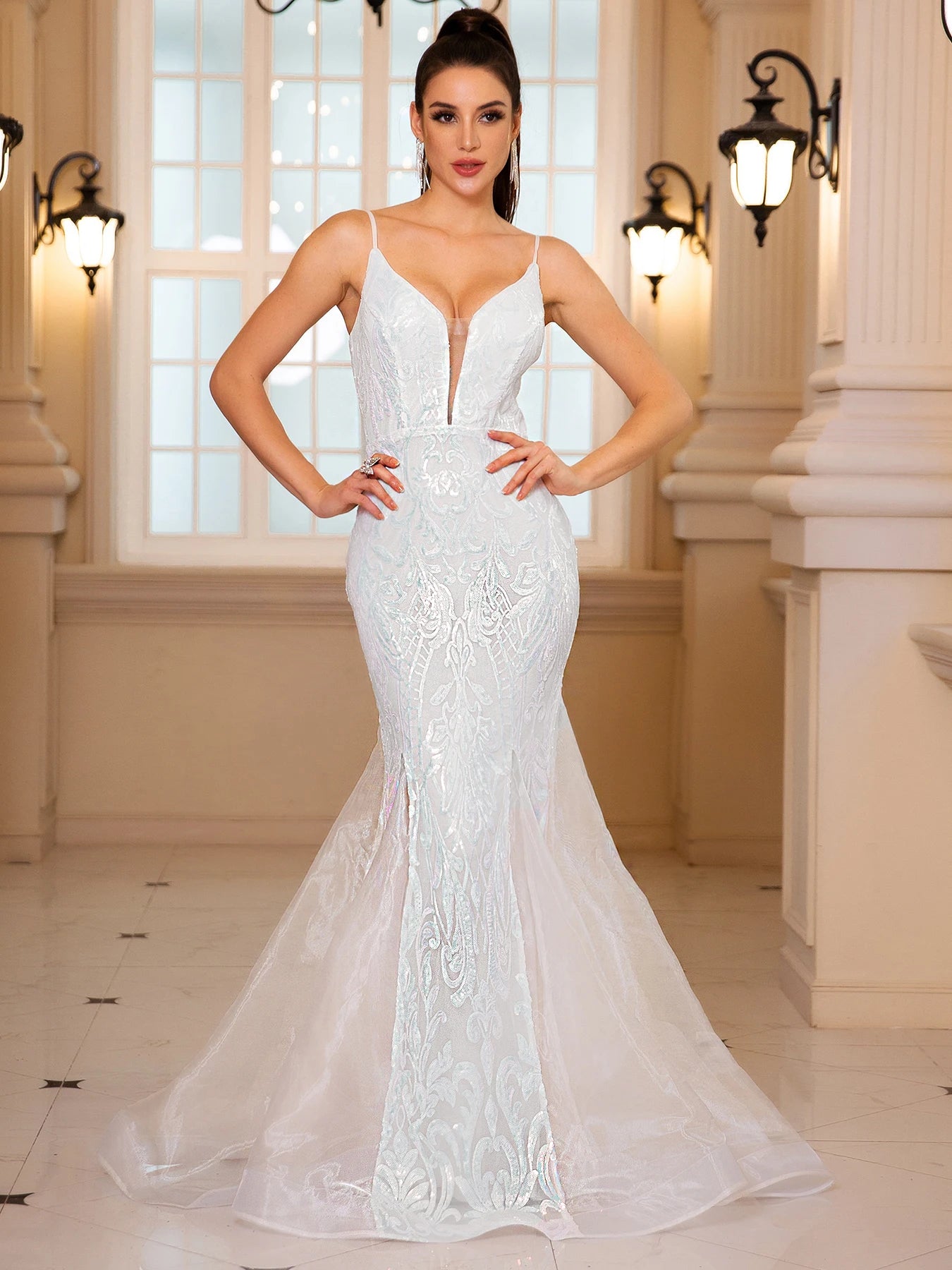 Cinessd Sleeveless V Neck Sequined Mermaid White Wedding Party Dress Backless Floor Length Evening Prom Gown Tunics Luxurious high-end Cinessd Sleeveless V Neck Sequined Mermaid White Wedding Party Dress Backless Floor Length Evening Prom Gown Tunics Luxurious high-end