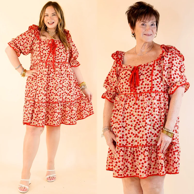Cherry on Top Puff Sleeve Dress in Light Pink and Red Elegant Long Evening