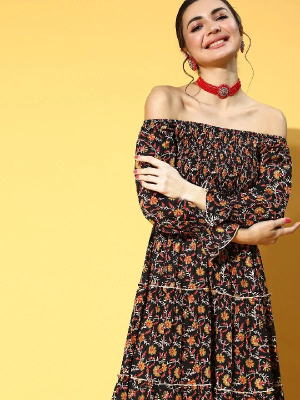 Black & Mustard Ethnic Printed Dress Tunics Chic elegant