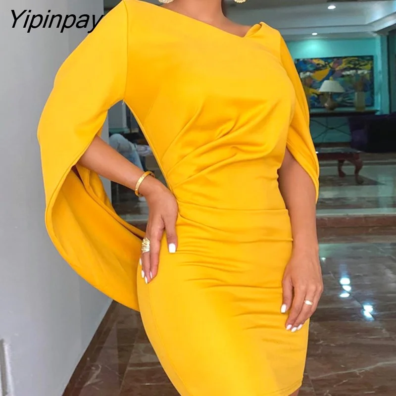 Yipinpay Women Plain Cloak Design Ruched Bodycon Dress Elegant Party Dress 423-2 Shift Classic Vintage