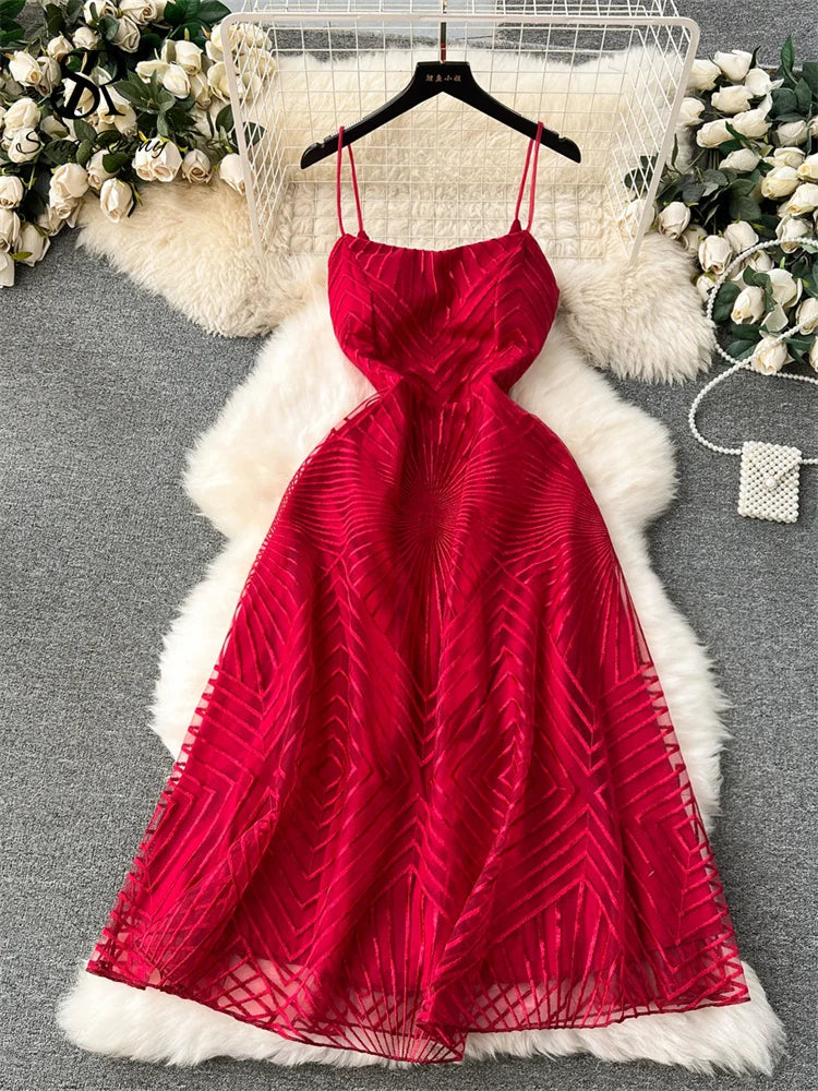 Yipinpay Fashion Temperament Long Dress Spaghetti Strap Sleeveless Design Female Solid Senior Embroidery Mesh Party Dress Tunics Handmade artisanal