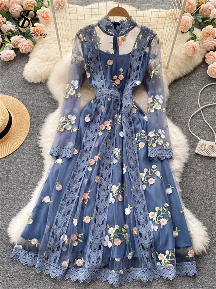 Yipinpay Autumn Gauze Sweet Party Dress Women Embroidery Long Sleeve A Line Female Fashion Streetwear Long Print Evening Dress Tunics Modern contemporary