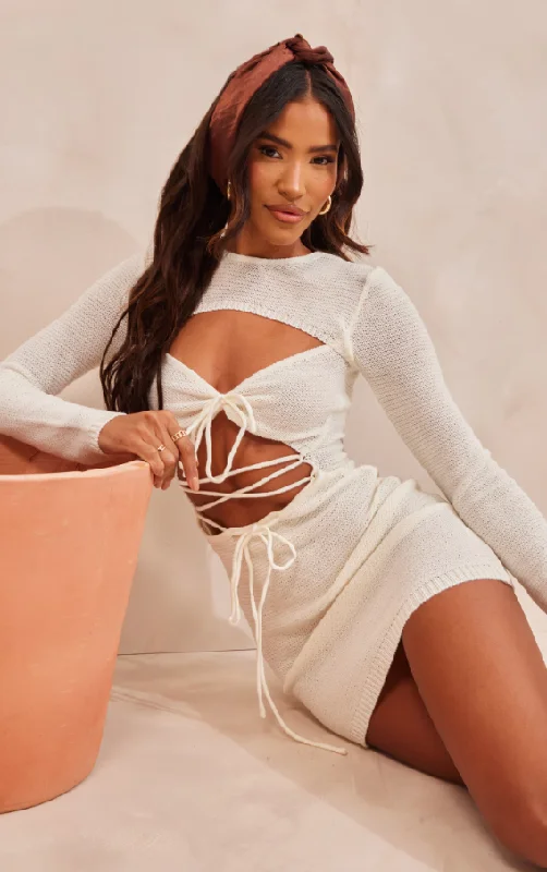 White Lace Up Tie Front Mini Knit Dress Tunics Practical durable