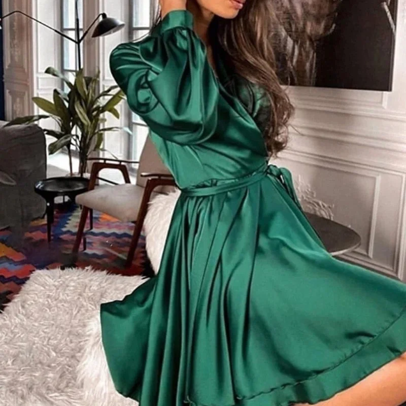MOARCHO Women Sexy V-Neck Slip Dress Satin Elegant Lantern Sleeve A-Line Club Party Dress Women's Clothing Streetwear Vestidos Tunics Chinos classic
