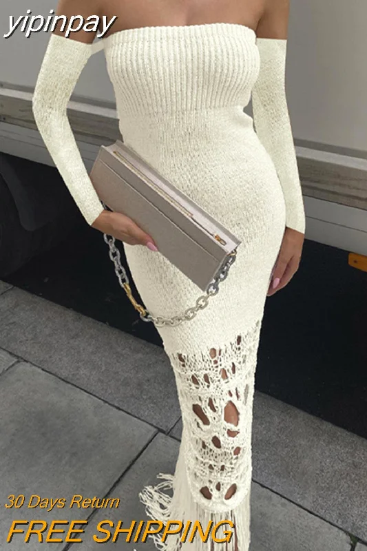 yipinpay Sexy Off Shoulder Knitted White Women Outfits Long Tassels Dress Hollow Out Fashion Autumn Winter Club Party Dress 2023 Off-the-shoulder Chic Trendy