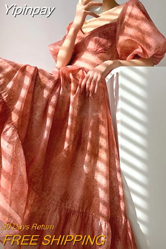 Yipinpay Sleeve French Elegant Dress Woman Beach Chiffon Fashion Midi Dress Office Lady Retro Even Party Dress Casual 2023 Summer Tunics Prom sequined