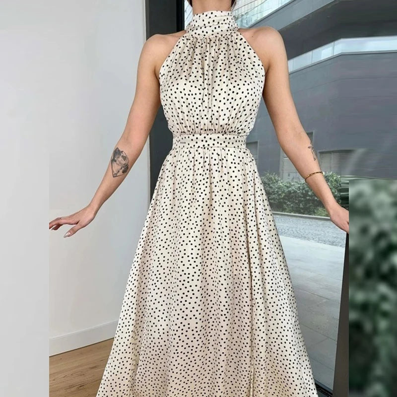 Bonnyshow  Sexy Sleeveless Polka Dot High Waist Long Dress Summer Halter Pleated Evening Dress Elegant Off Shoulder High Split Party Dress Tunics Designer luxury