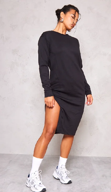 Black Side Split Oversized Midi Sweat Jumper Dress Tunics Fleece cozy