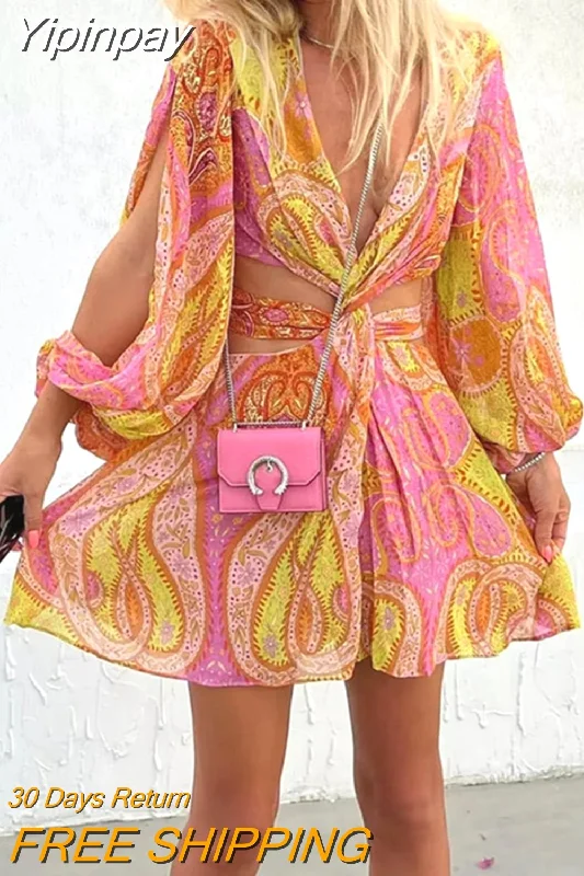 Yipinpay Print Cut Out Dress Woman Short Chiffon Dress Women 2023 Slit Boho Long Puff Sleeve Summer Dresses Beach Sexy Party Dresses Tunics Solid Classic