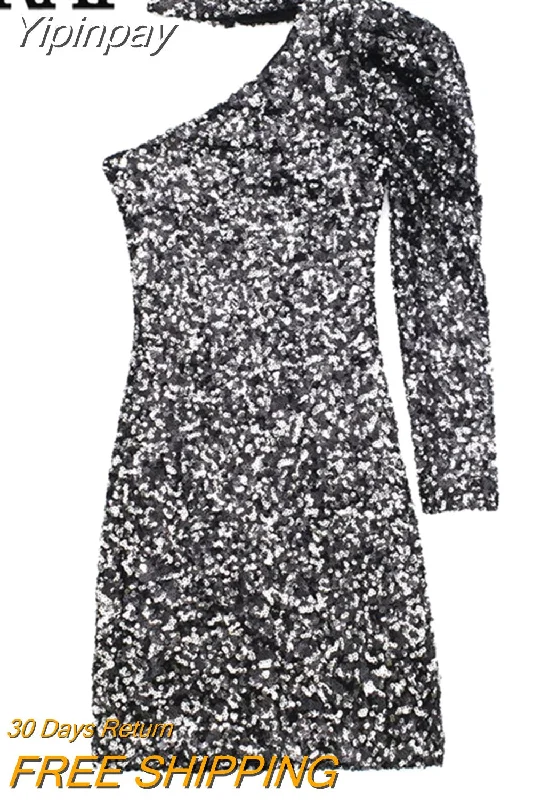Yipinpay Silver Sequin Dress Woman One Shoulder Glitter Dress Women Asymmetric Sexy Short Dresses Long Sleeve Evening Party Dresses Tunics Short Trendy